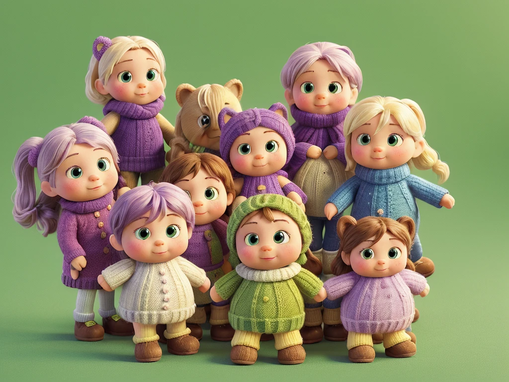 With the common Knitted Toys For Kids logo. description: on the front background there are many knitted toys. Bright green background with yellow tinge around the edges, faded lilac in the centre. In the centre is the caption - "Knitted Toys For Kids", under the caption is the link: t.me/mama_kamakids.