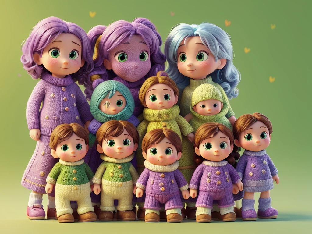 With the common Knitted Toys For Kids logo. description: on the front background there are many knitted toys. Bright green background with yellow tinge around the edges, faded lilac in the centre. In the centre is the caption - "Knitted Toys For Kids", under the caption is the link: t.me/mama_kamakids.