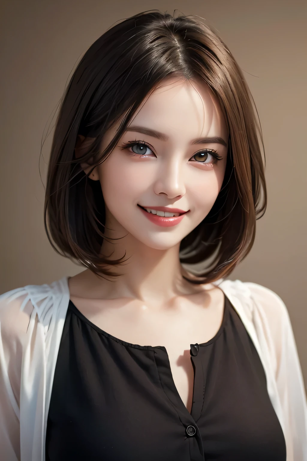 ((masterpiece)), ((Highest quality)), ((Complex)), ((Surreal)), (Realistic), (Mature Woman), ((There are no classes)), Very detailed, (1 female), Beautiful and exquisite, (Beautiful Teeth), Grin, Brunette bob hair, Brown eyes, ((blouse)), (Upper Body), (background:none), Perfect Eyes, Captivating eyes, Looking at the audience