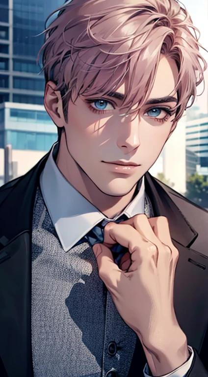 (Highest quality,4K,8K,High resolution,masterpiece:1.2),Super detailed,(Realistic,photoRealistic,photo-Realistic:1.37),1 person,31 years old,Mature Men,Beautiful skin、very handsome,Expressionless,smile,Short gray pink hair,blue eyes,Sharp Eyes,A perfect face without a doubt,Businessman,Office Background,Cinema Lighting,HDR image,tie、