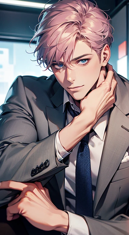 (Highest quality,4K,8K,High resolution,masterpiece:1.2),Super detailed,(Realistic,photoRealistic,photo-Realistic:1.37),1 person,31 years old,Mature Men,Beautiful skin、very handsome,Expressionless,smile,Short gray pink hair,blue eyes,Sharp Eyes,A perfect face without a doubt,Businessman,Office Background,Cinema Lighting,HDR image,tie、