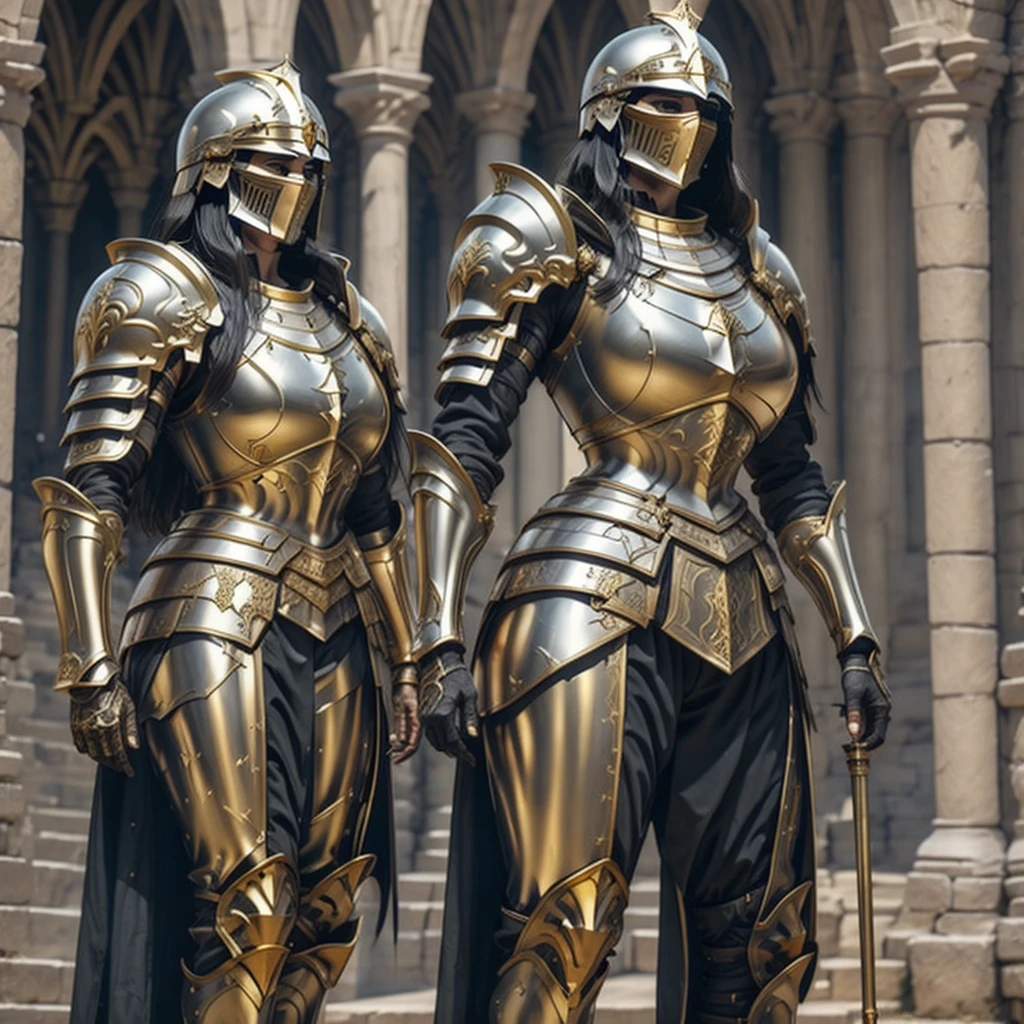 a beautiful golden-greek-armored warrioress, jet-black hair, hoplite helmet, muscular, huge and heavy breasts, looking at viewer, front view, modelshot pose, masterpiece, best quality, 8k, blurred background, medieval fantasy castle in the background