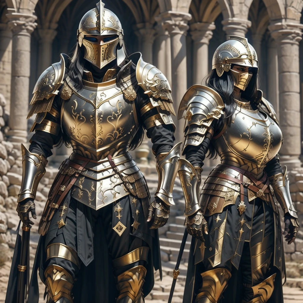 a beautiful golden-greek-armored warrioress, jet-black hair, hoplite helmet, muscular, huge and heavy breasts, looking at viewer, front view, modelshot pose, masterpiece, best quality, 8k, blurred background, medieval fantasy castle in the background