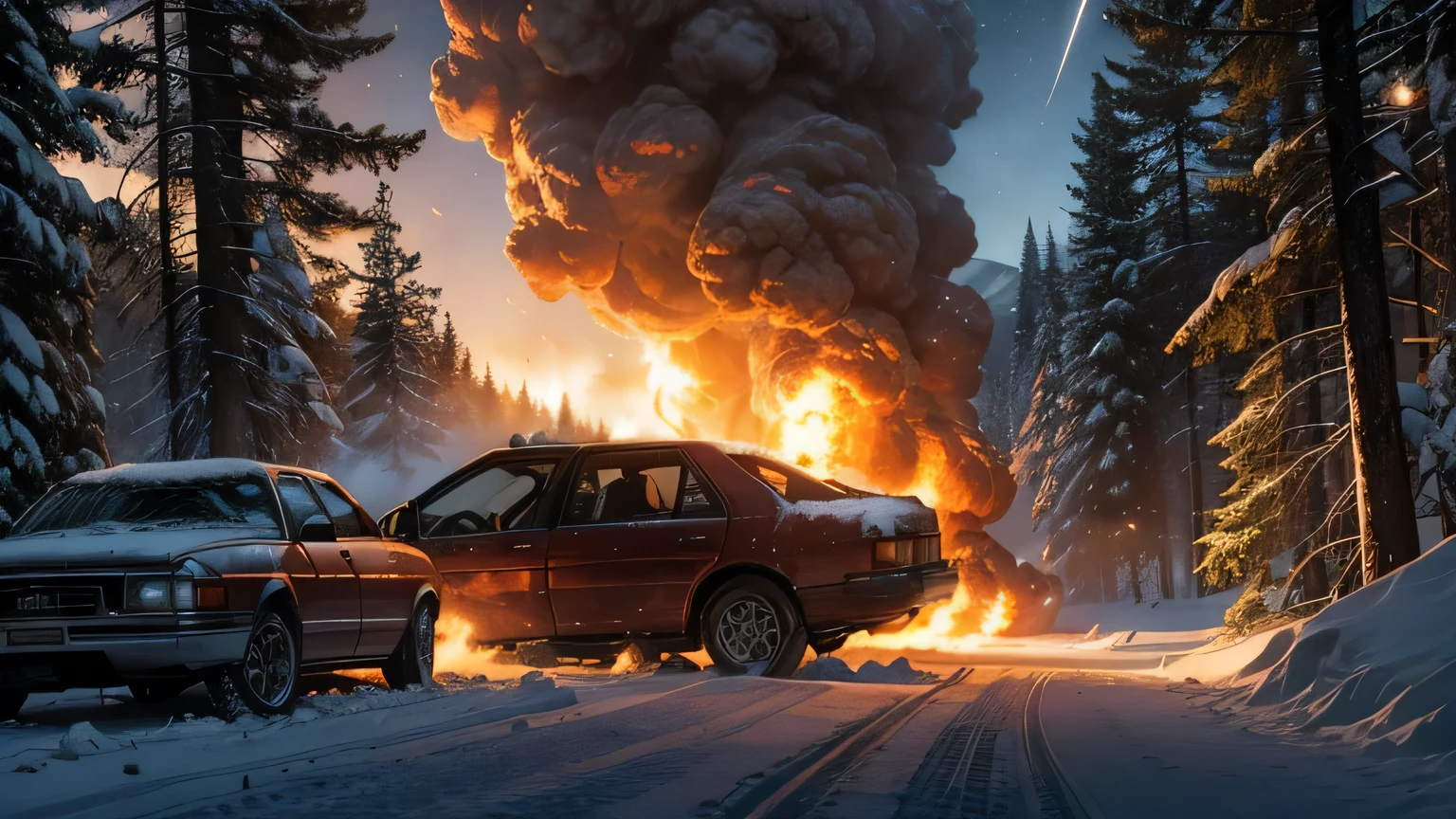 Dramatic lighting, view from one side, noon, daylight, sunny, ten big fiery comets crashing in a snowy forest, explosions, car wreck