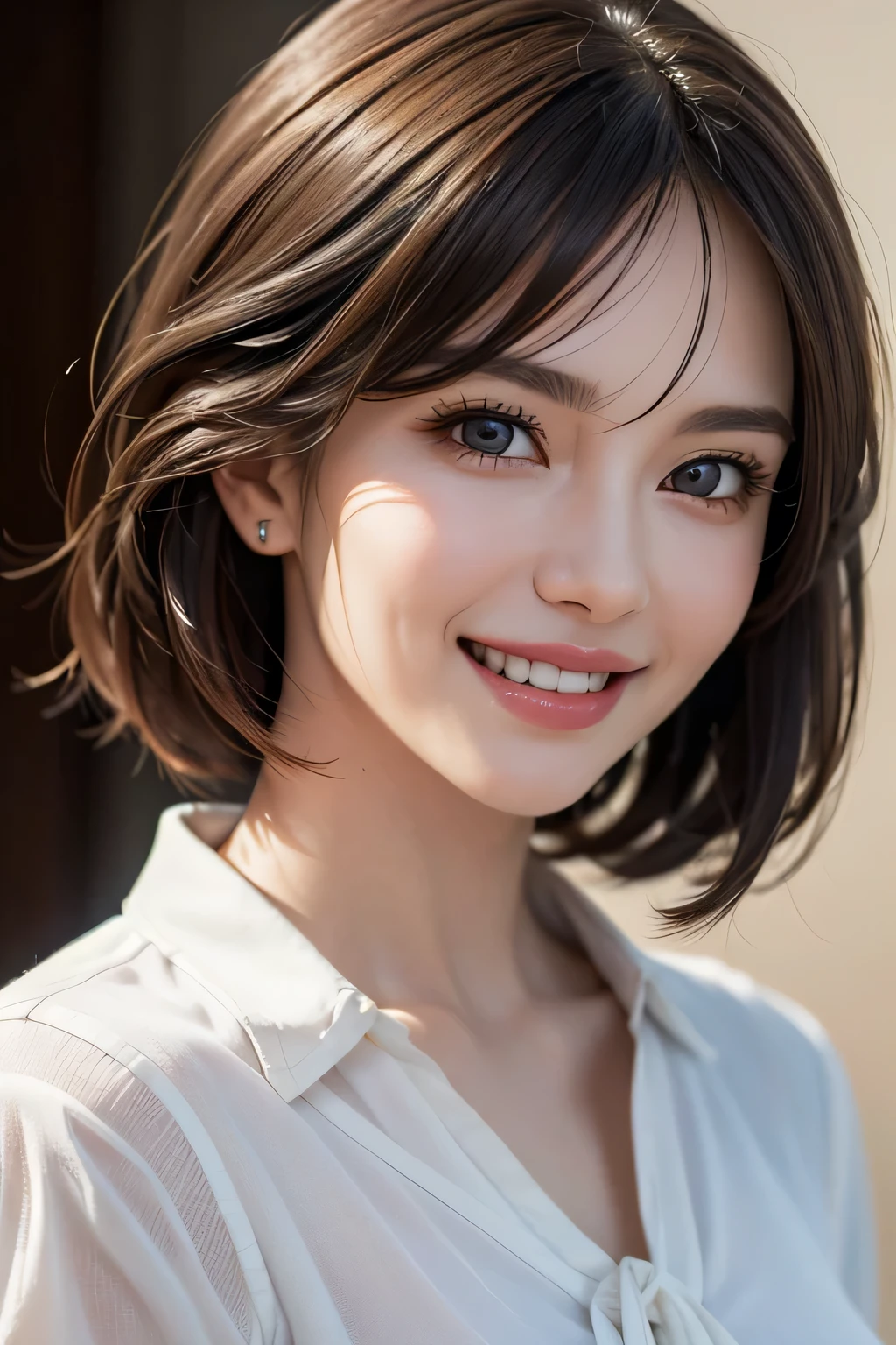 ((masterpiece)), ((Highest quality)), ((Complex)), ((Surreal)), (Realistic), (Mature Woman), ((There are no classes)), Very detailed, (1 female), Beautiful and exquisite, (Beautiful Teeth), Grin, Brunette bob hair, Brown eyes, ((blouse)), (Upper Body), (background:none), Perfect Eyes, Captivating eyes, Looking at the audience