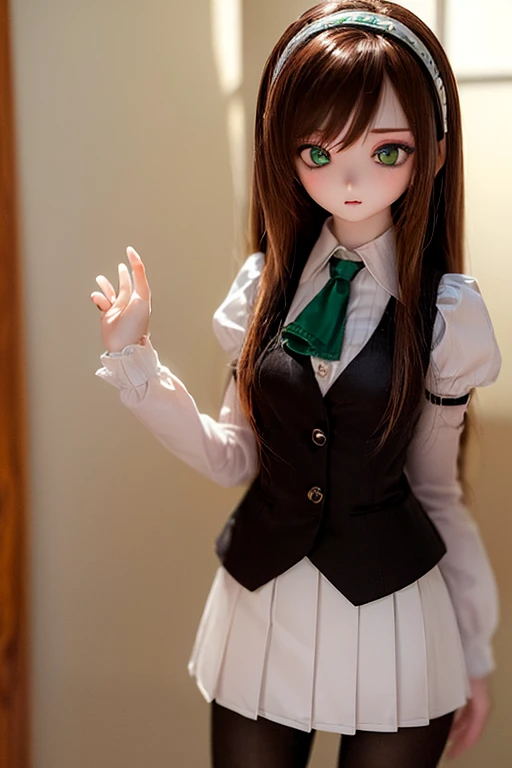 (SFW:2), photorealistic, realistic photo, 8k, ((highest quality)), ((masterpiece)), (extremely detailed), kukolnydom, doll, (mature woman, 21yo, 21 years old, solo:1.6), (cowboy shot, standing, slim, slender, skinny, medium breasts, hairband, ascot, vest, shirt, puffy sleeves, pleated skirt, black pantyhose, green eyes, brown hair, long hair, plastic skin, looking at another, glass eyes, gradient eyes, shining eyes, detailed eyes:1.3)
