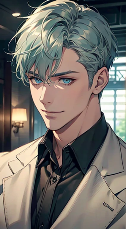 a mature man with short grey green hair, blue eyes, and a perfect face, smiling in love, CEO, cinematic lighting, 1:4 HDR image, top view, ultra detailed, best quality, masterpiece, 8K, photorealistic, beautiful image