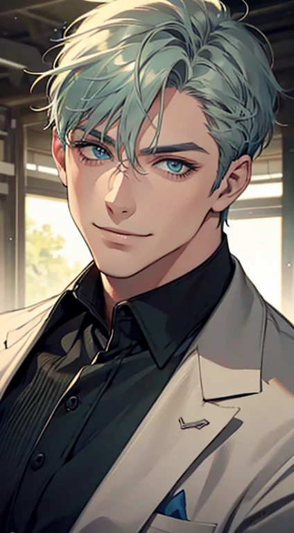 a mature man with short grey green hair, blue eyes, and a perfect face, smiling in love, CEO, cinematic lighting, 1:4 HDR image, top view, ultra detailed, best quality, masterpiece, 8K, photorealistic, beautiful image