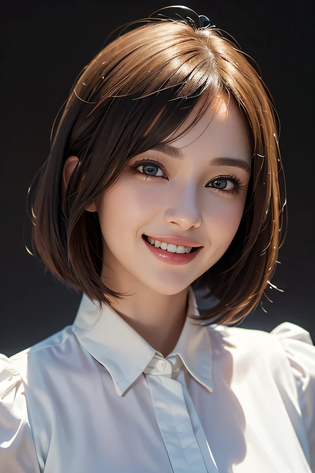((masterpiece)), ((Highest quality)), ((Complex)), ((Surreal)), (Realistic), (Mature Woman), ((There are no classes)), Very detailed, (1 female), Beautiful and exquisite, (Beautiful Teeth), Grin, Brunette bob hair, Brown eyes, ((blouse)), (Upper Body), (background:none), Perfect Eyes, Captivating eyes, Looking at the audience