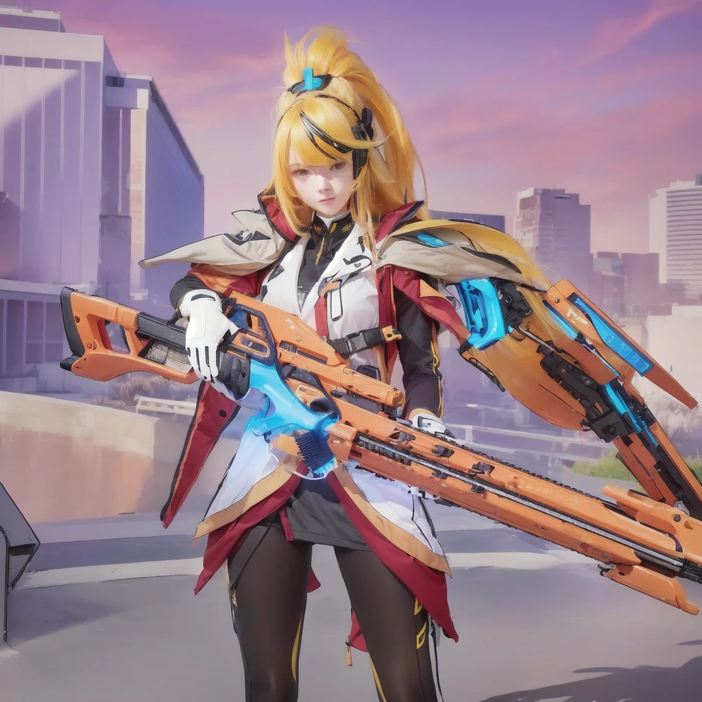 A girl with long yellow hair holding a yellow rifle,with white clothes mixed with yellow