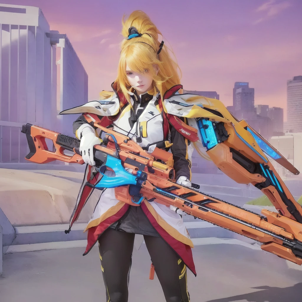 A girl with long yellow hair holding a yellow rifle,with white clothes mixed with yellow