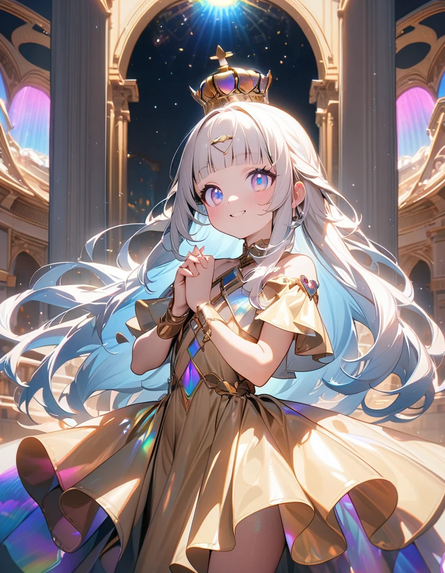 (8K, best quality, master piece: 1.2),super high resolution,1 girl is Aphrodite,18yo,solo,detailed cute face, pretty baby face, ultra cute kawaii, smile,detailed eyes,white hair,long hair,arched little crown,blunt bangs,(Aphrodite),Gold Dress,straight hair,(iridescent light:1.4),standing,praying hands,Palace of the Gods