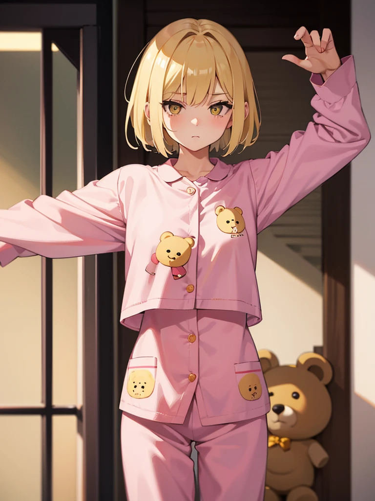 She has short blonde hair, yellow eyes with heart in the center, she is wearing short pajamas, pink and with cute teddy bear print, she is standing in the room, with his arms crossed looking at me with a jealous face, She is 18, , and low height.