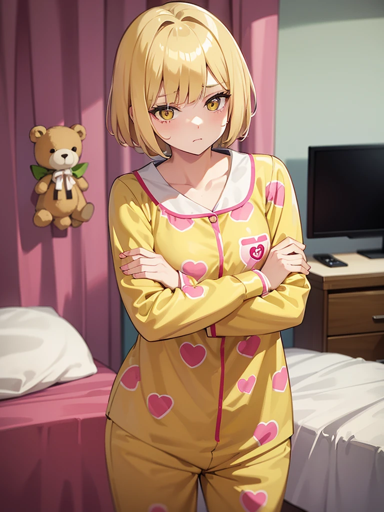 She has short blonde hair, yellow eyes with heart in the center, she is wearing short pajamas, pink and with cute teddy bear print, she is standing in the room, with his arms crossed looking at me with a jealous face, She is 18, , and low height.