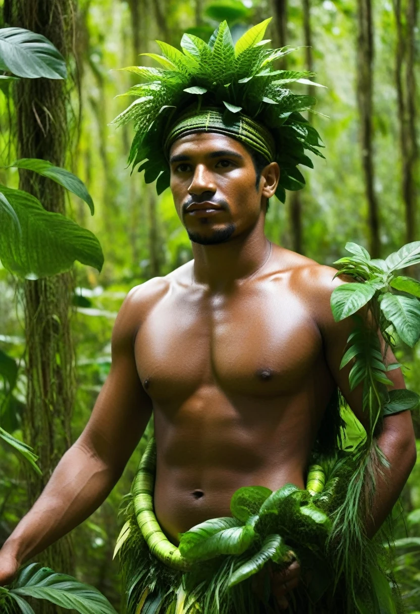 A dark-skinned Latino man in the jungle made of lush plants A man made of fresh plants A man made of fresh plants from the Amazon Brazil