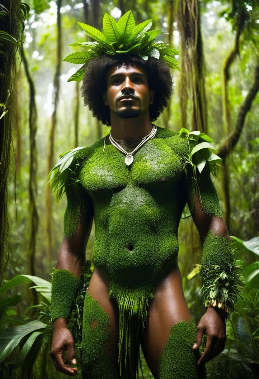 A dark-skinned Latino man in the jungle made of lush plants A man made of fresh plants A man made of fresh plants from the Amazon Brazil