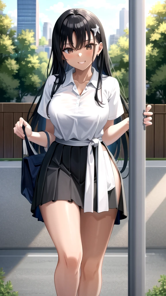((best quality)), ((masterpiece)), (details), one girl, sexy ((best quality)), ((masterpiece)), (details), one girl, sexy ((best quality)), ((masterpiece)), (details), one girl, full body, sexy expensive body, expensive, long legs, mature woman, mature, adult, it_nagatoro_main, Hayase Nagatoro, one girl, blushing, alone, uniform polo shirt, short sleeves, black hair,brown eyes, hair accessory, looking at viewer, hair clip, smiling, long hair, dark skinned woman, dark skin, , bangs, daytime, skirt, collared shirt, collarbone, ear clip, mouth closed, tree, asymmetrical bangs, upper body