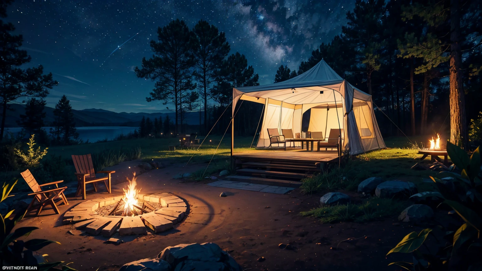 Nobody was there，Individual tent with fire pit and sun loungers，On a beautiful night，lying in the forest，There are stars in the sky
