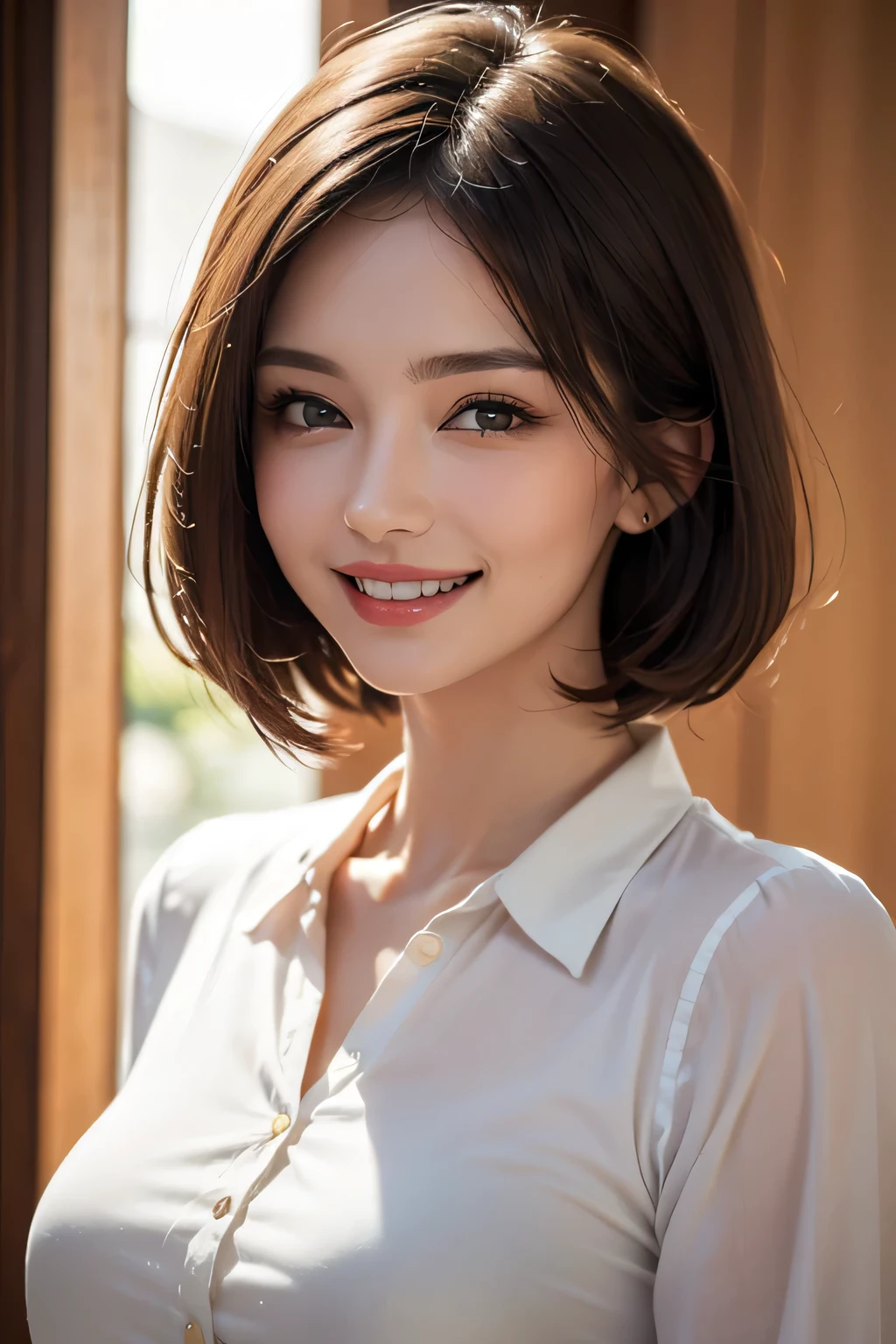 ((masterpiece)), ((Highest quality)), ((Complex)), ((Surreal)), (Realistic), (Mature Woman), ((There are no classes)), Very detailed, (1 female), Beautiful and exquisite, (Beautiful Teeth), Grin, Brunette bob hair, Brown eyes, ((blouse)), (Upper Body), (background:none), Perfect Eyes, Captivating eyes, Looking at the audience