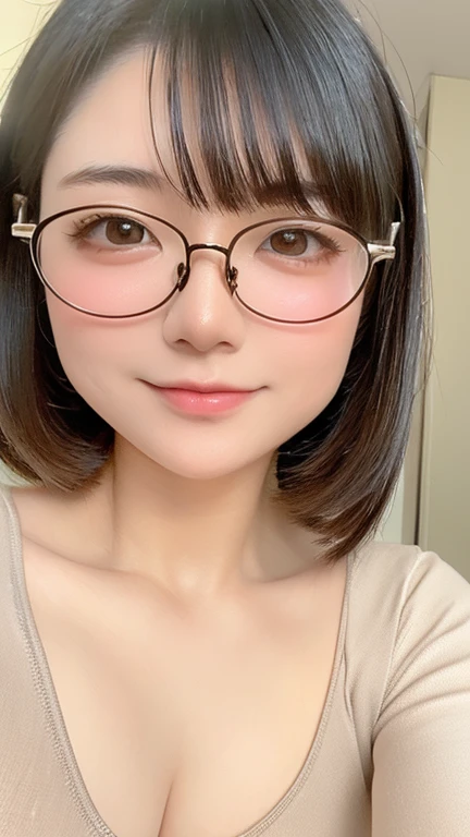 Beautiful and fair、Glowing Skin, 3 Up, nice, bright, Refreshing and gentle look, Perfect beautiful face、Beautiful shiny bangs, Very beautiful 17 year old girl, eyeliner, Very perfect eyes,Very large breasts,The original skin is visible through the grooveuscular body,Light Khaki Yoga Wear,Upper Body,Silver glasses