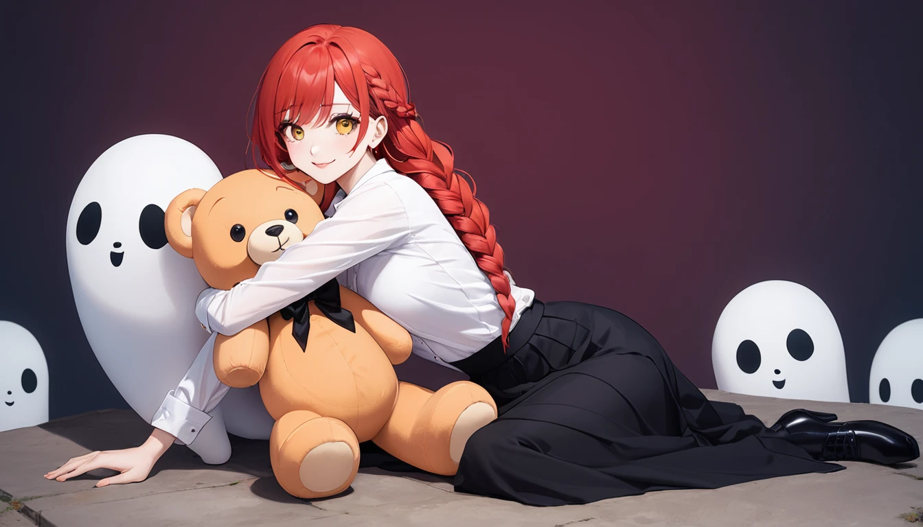 hand, hand, long hair, รอยsmile, smooth, Middle Page, (yellow eyes:1.2), long hair, red hair, braided ponytail, big eyes,นั่วHug a teddy bear,????,full body,Sitting position,Hug a teddy bear,smile,flirt,grave background,ghost,วิญญาณ Take a break shirt, long sleeve, white shirt, dress shirt, skirt, black skirt, It's official., suit, black nightie, lady, Take a break (Masterpiece:1.2), best quality, high resolution, Harmony wallpaper 8K, (illustration:0.8), (Beautifully detailed eyes:1.6), Very detailed face, perfect lighting, The CG is very detailed., (handที่สมบูรณ์แบบ, perfect ???????),