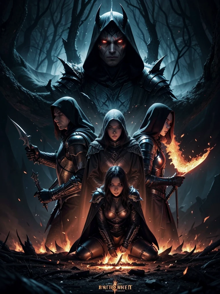 heavy metal album cover. wielding swords. hielo versus fire. a single hooded dark knight. sinister forest. gloria. fire. good and evil. mutar fire. chosen one. unique. open sky.unique character