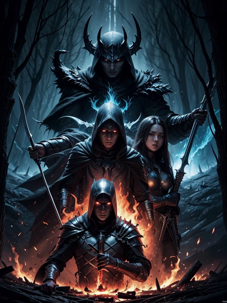 heavy metal album cover. wielding swords. hielo versus fire. a single hooded dark knight. sinister forest. gloria. fire. good and evil. mutar fire. chosen one. unique. open sky.unique character