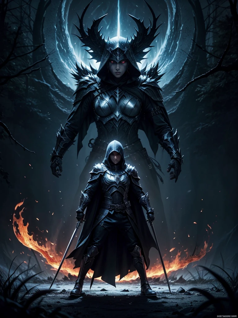 heavy metal album cover. wielding swords. hielo versus fire. a single hooded dark knight. sinister forest. gloria. fire. good and evil. mutar fire. chosen one. unique. open sky.unique character