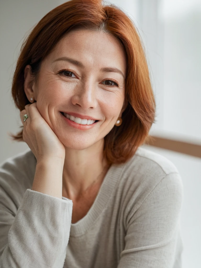 Muchen,CN Girl,A woman around 42 years old,Redhead,Brown eyes,(Reduces freckles:0.6),relaxed and happy expression,Shy and calm,relaxed,Look into the room,Portrait Photography,Neutral background. Professional photographer style,Artistic photography. High resolution and extremely detailed,There are no flaws in the face,Small wrinkles caused by facial expressions become more noticeable. that&#39;Perfect,Featured Photo.,Longe、No cutting from head to waist、Mouth closed