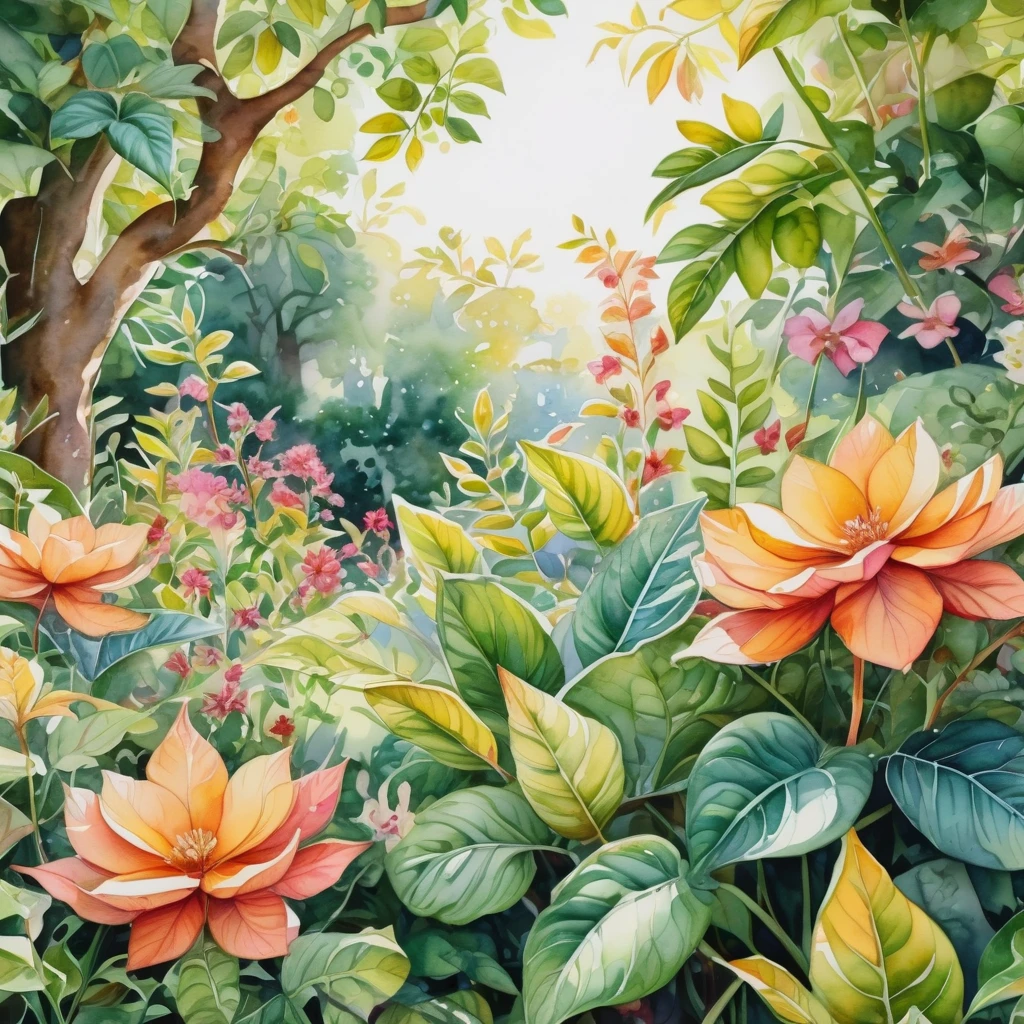 a lush and vibrant watercolor garden illustration, trees with money leaves, ornate and whimsical, detailed foliage, intricate floral patterns, sunlit meadow, serene atmosphere, soft colors, dreamlike quality, magical realism, beautiful detailed leaves, extremely detailed flowers, high quality, masterpiece, hyperrealistic, photorealistic, 8k
