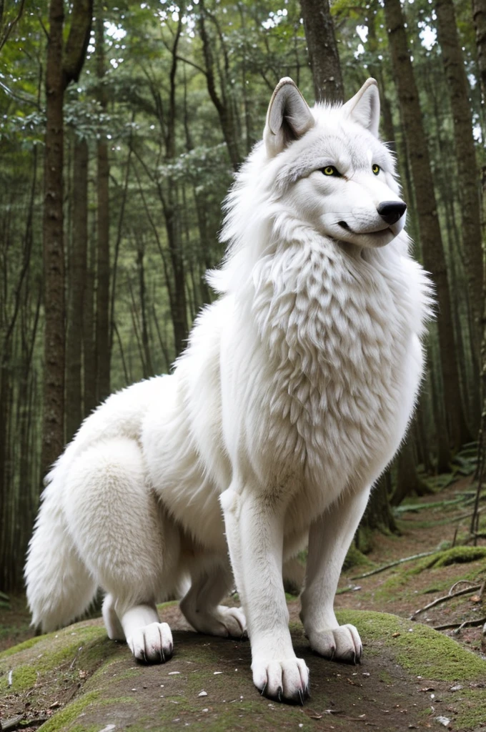 (furry wolf White)(It's a pet)(White fluffy fur)(Female)(White scarf)(In the forest near the shrine)