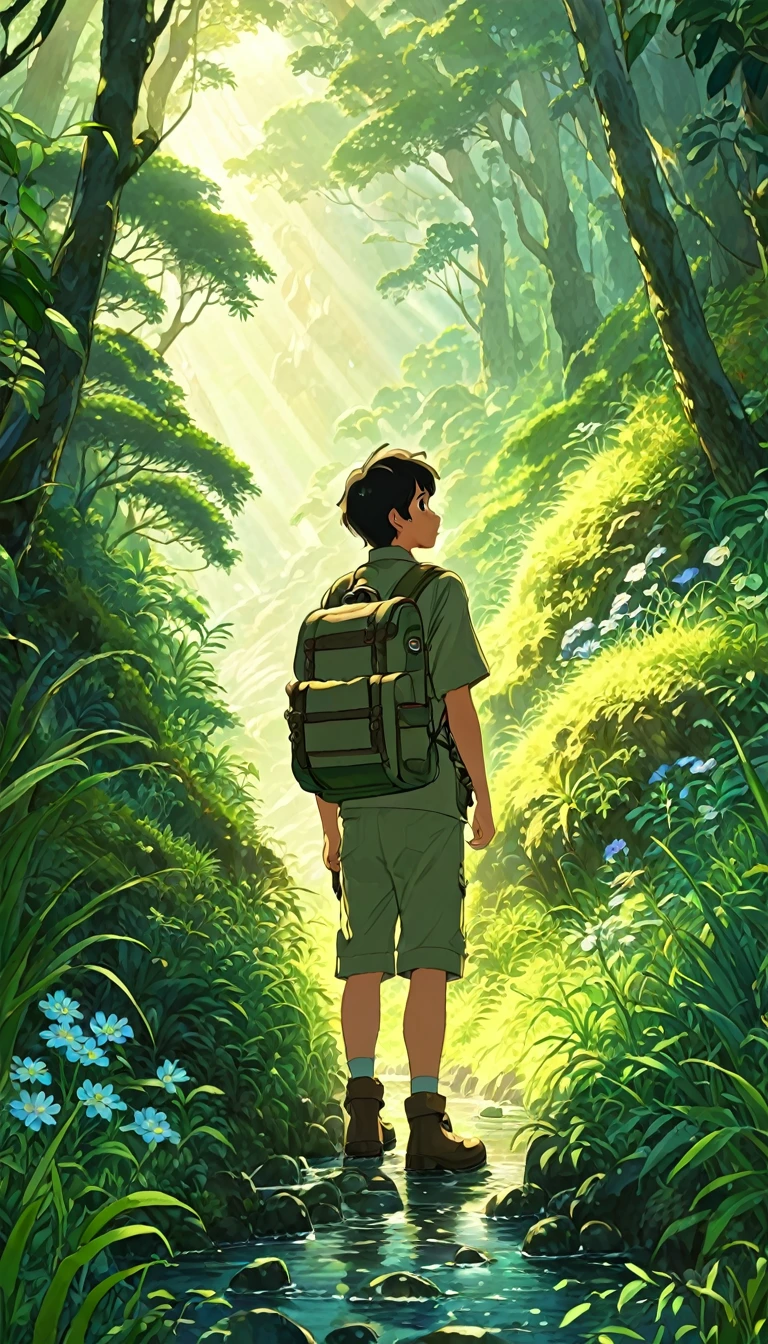 A man wearing safari camouflage、Close-up of boy standing in deep mountain jungle with backpack and binoculars, Beautiful light and shadow explored deep in the forest, Strange flowers, exotic grass, Mountain streams, Ghibli art style, studio ghibli illustration, studio Ghibli art style, very beautiful and cute , Ghibli art style, Lovely digital painting, Ghibli inspiration, Studio Ghibli Art