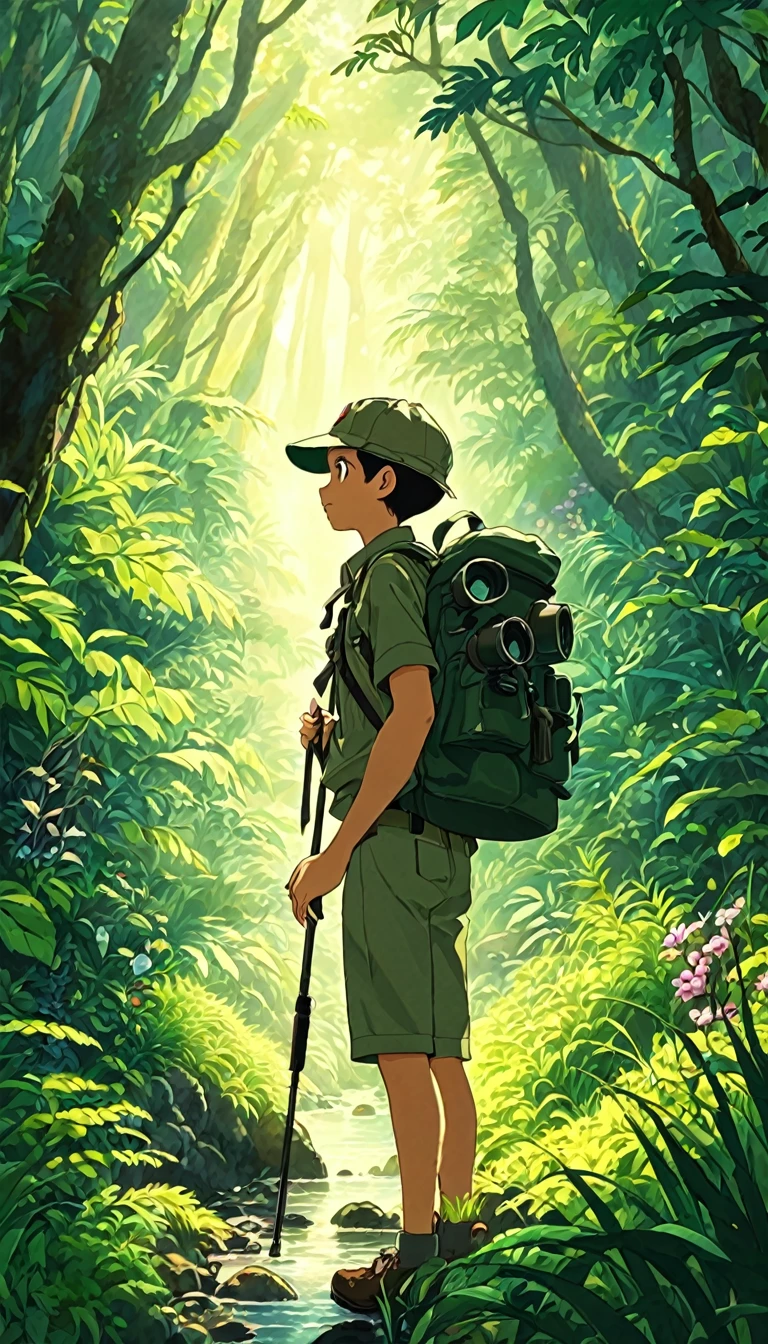 A man wearing safari camouflage、Close-up of boy standing in deep mountain jungle with backpack and binoculars, Beautiful light and shadow explored deep in the forest, Strange flowers, exotic grass, Mountain streams, Ghibli art style, studio ghibli illustration, studio Ghibli art style, very beautiful and cute , Ghibli art style, Lovely digital painting, Ghibli inspiration, Studio Ghibli Art