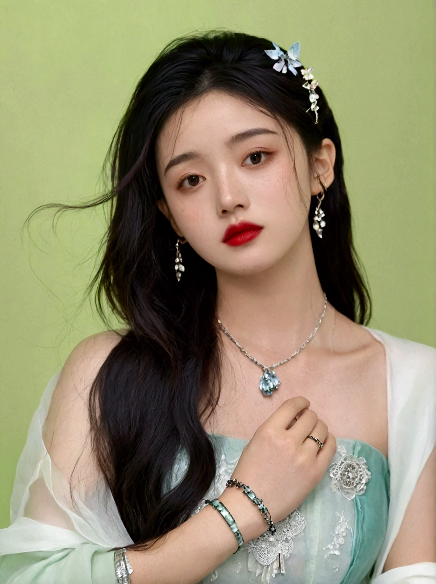 1girl, solo, long hair, black hair, jewelry, upper body, necklace, black eyes, bracelet, lips, looking to the side, looking away, ring, freckles, realistic, red lips