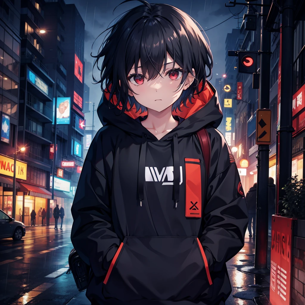 1 girl in black hoodie, red eyes, rain, night city street, sweatshirt, backpack, looking at each other, messy hair, short hair, art station trend, 8k resolution, extremely detailed, anatomically correct, vivid image, digital painting, concept art, trend pixiv, Makoto Shinkai-styled