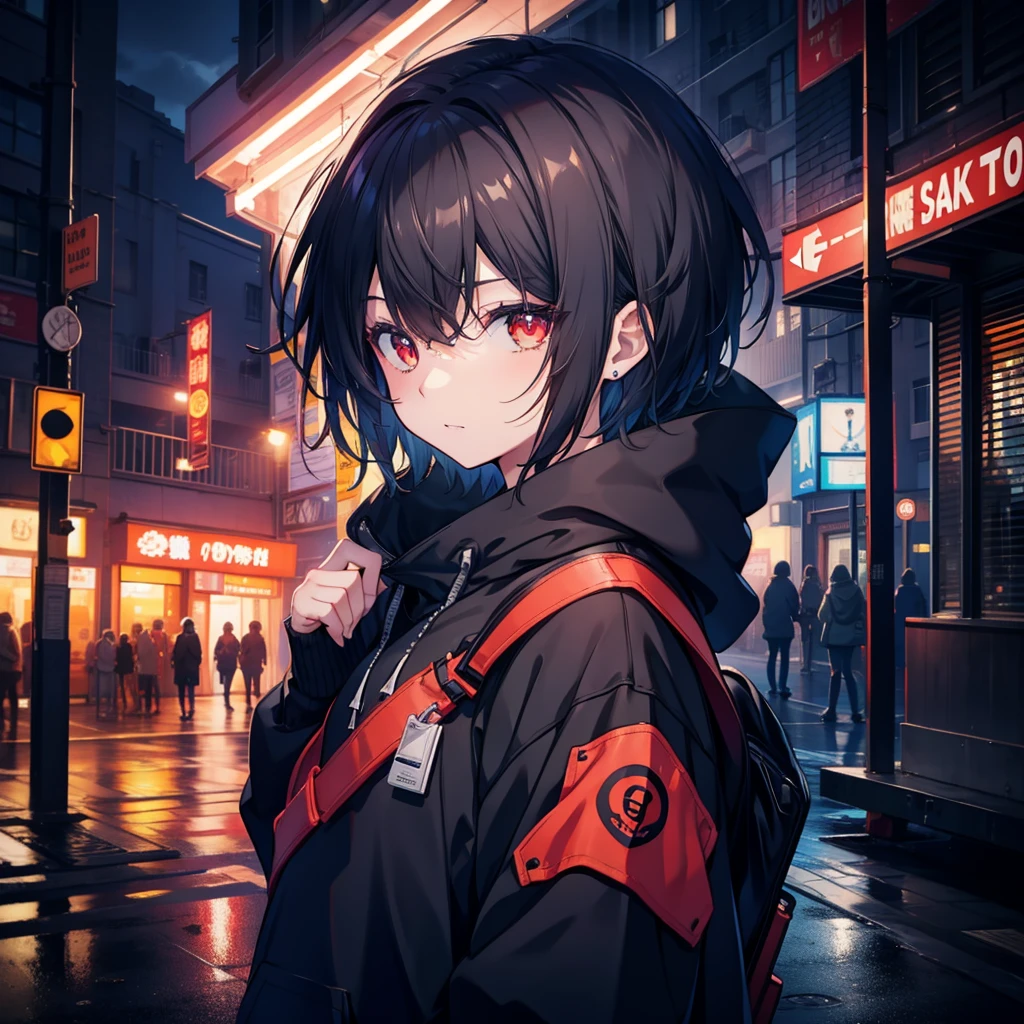 1 girl in black hoodie, red eyes, rain, night city street, sweatshirt, backpack, looking at each other, messy hair, short hair, art station trend, 8k resolution, extremely detailed, anatomically correct, vivid image, digital painting, concept art, trend pixiv, Makoto Shinkai-styled