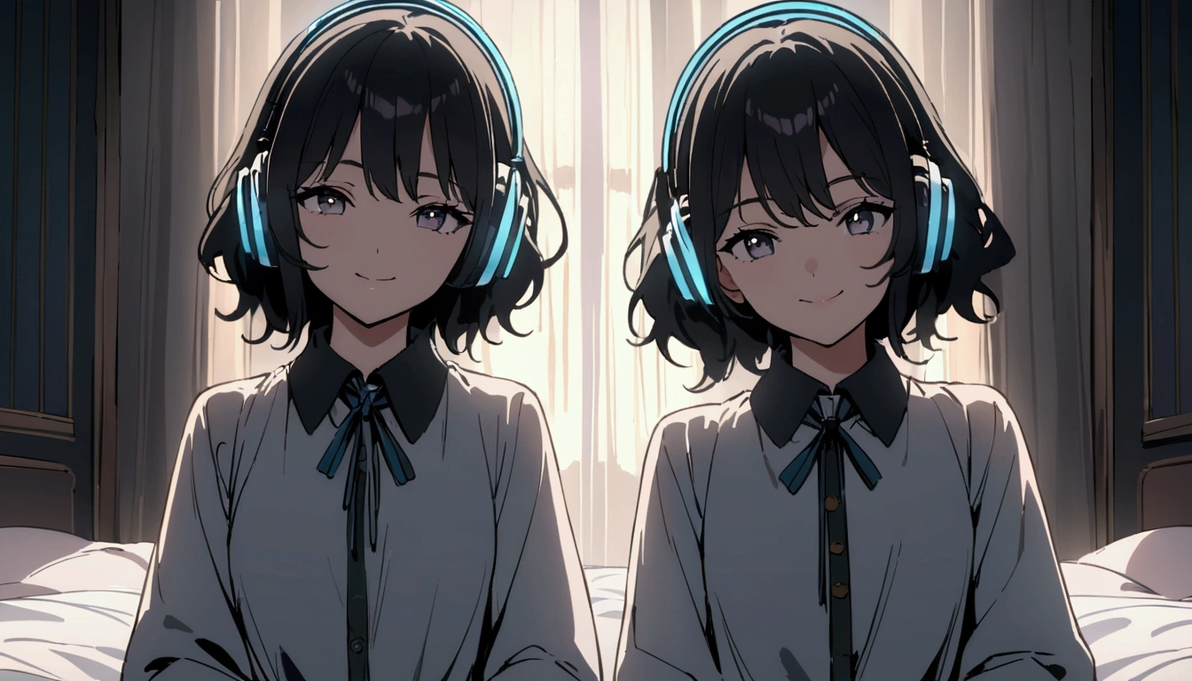 masterpiece, Highest quality, Movie stills, 1. Adolescent Female Wailing Headphones , frontage, Black Hair,In the bedroom,Background of Details, bright, Dark and eerie environment,A ray of light, She is smiling,