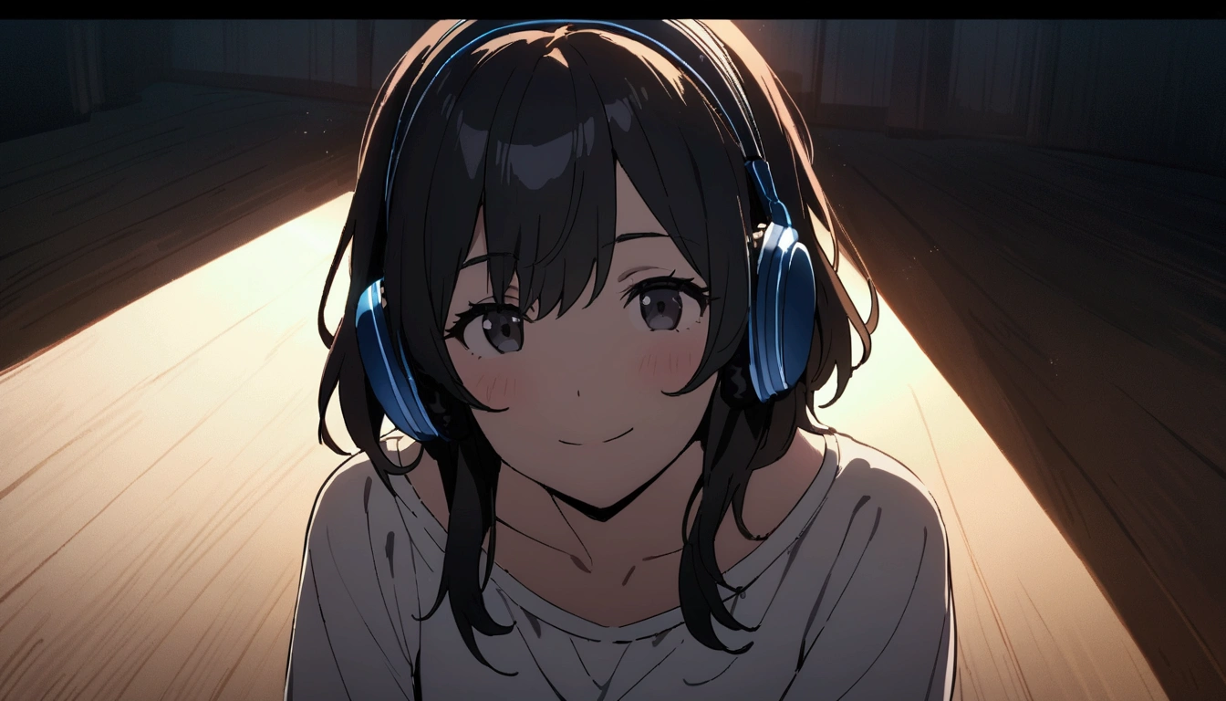 masterpiece, Highest quality, Movie stills, 1. Adolescent Female Wailing Headphones , frontage, Black Hair,In the bedroom,Background of Details, bright, Dark and eerie environment,A ray of light, She is smiling,