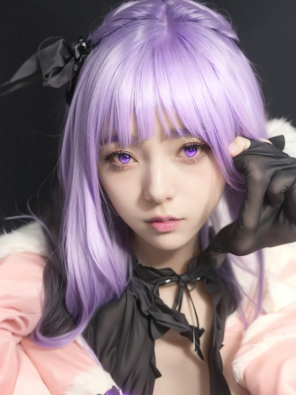 araffe girl with purple hair and black gloves posing for a picture, anime style mixed with fujifilm, anime cosplay, chiho, with glowing purple eyes, belle delphine, anime girl cosplay, shikamimi, 1 7 - year - old anime goth girl, anime girl in real life, as an anime character, ayaka cosplay, cosplayer, the hime cut