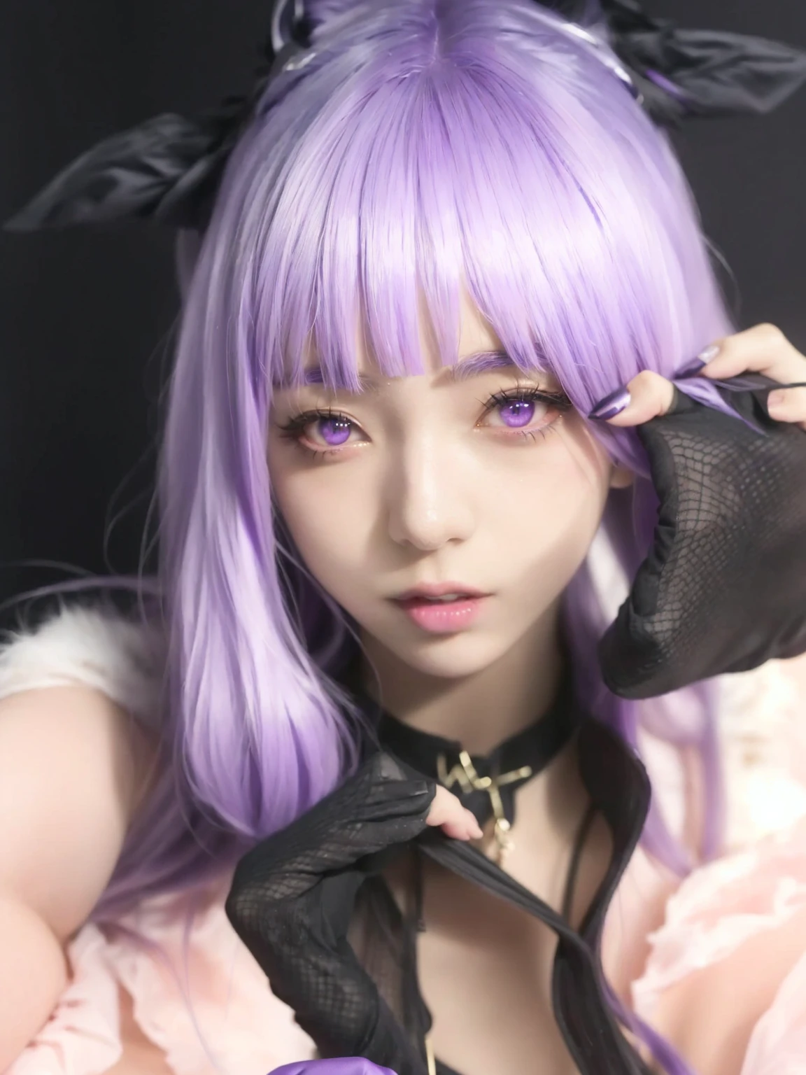 araffe girl with purple hair and black gloves posing for a picture, anime style mixed with fujifilm, anime cosplay, chiho, with glowing purple eyes, belle delphine, anime girl cosplay, shikamimi, 1 7 - year - old anime goth girl, anime girl in real life, as an anime character, ayaka cosplay, cosplayer, the hime cut