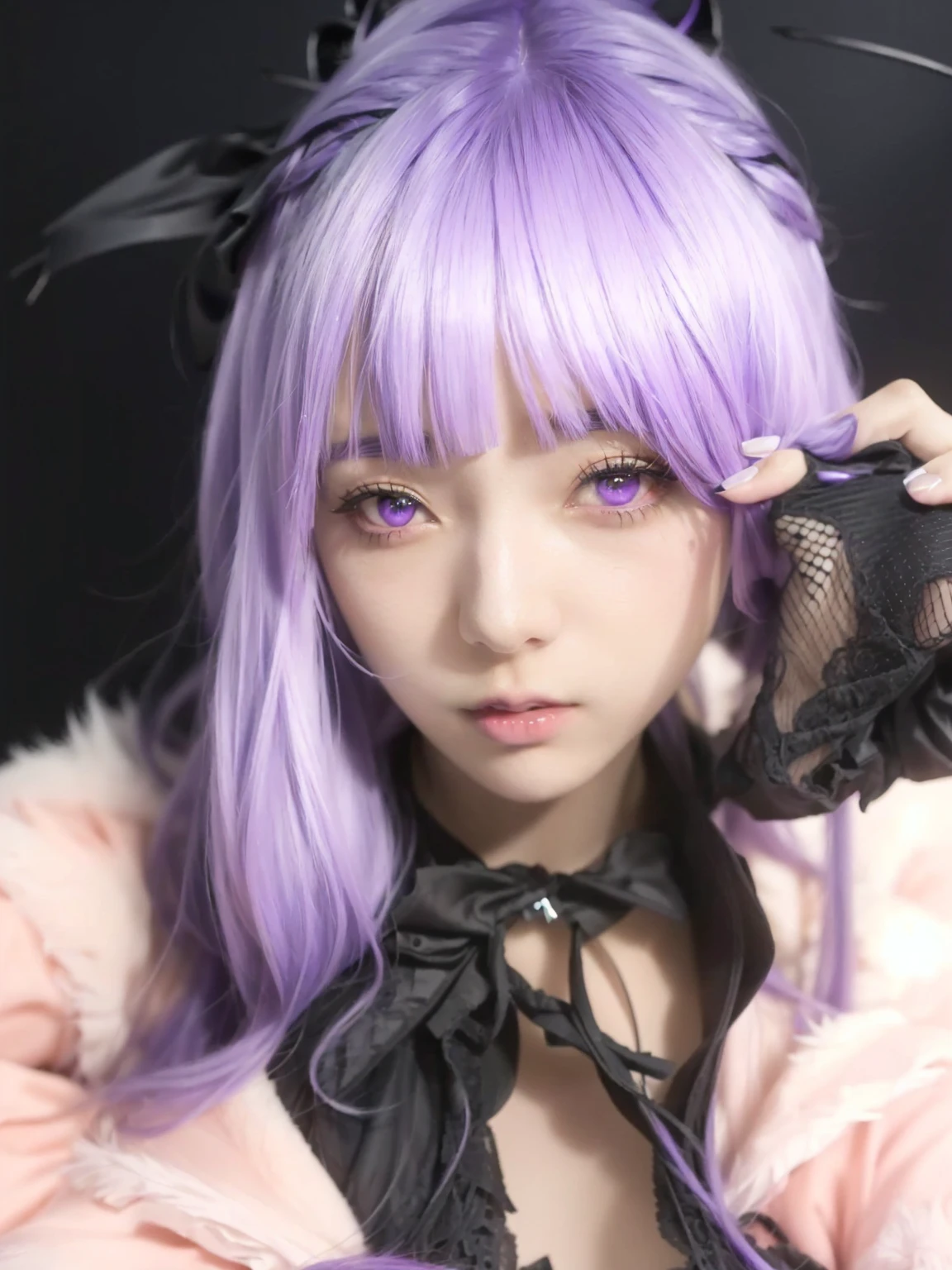 araffe girl with purple hair and black gloves posing for a picture, anime style mixed with fujifilm, anime cosplay, chiho, with glowing purple eyes, belle delphine, anime girl cosplay, shikamimi, 1 7 - year - old anime goth girl, anime girl in real life, as an anime character, ayaka cosplay, cosplayer, the hime cut