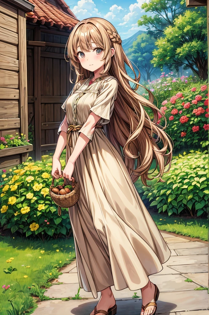 1girl,(anime coloring:1.2), best quality, looking at viewer, short wavy hair, chestnut hair, feminine,(solid Maxi dress), (Light brown color Short sleeve Maxi dress:1.3),Medieval Europe,Ancient Village,Vegetable stall,((Fantasy))