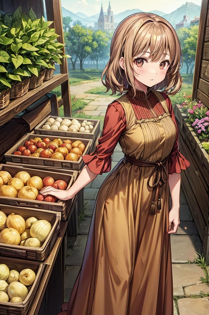 1girl,(anime coloring:1.2), best quality, looking at viewer, short wavy hair, chestnut hair, feminine,(solid Maxi dress), (Light brown color Short sleeve Maxi dress:1.3),Medieval Europe,Ancient Village,Vegetable stall,((Fantasy))