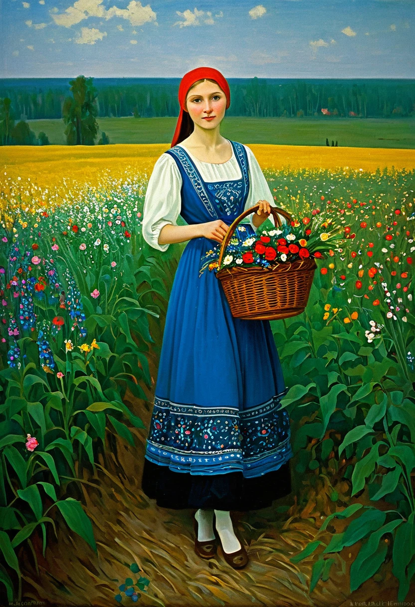 a painting of a woman holding a basket of flowers in a field, slavic folk fairytale, by Vlady Kibalchich Russakov, by Mikhail Lebedev, by Igor Grabar, beautiful maiden, by Franciszek Starowieyski, russian folk fairytale, by Dechko Uzunov, by Andrei Ryabushkin