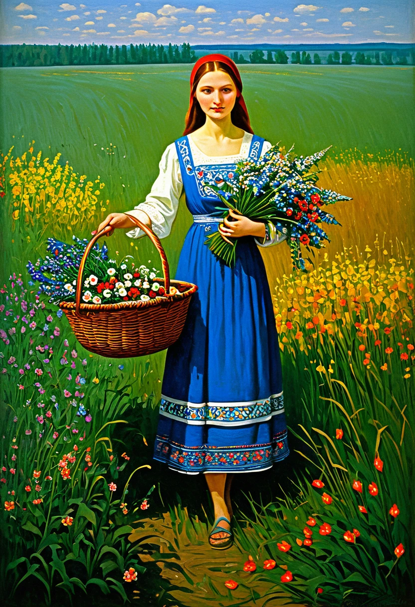 a painting of a woman holding a basket of flowers in a field, slavic folk fairytale, by Vlady Kibalchich Russakov, by Mikhail Lebedev, by Igor Grabar, beautiful maiden, by Franciszek Starowieyski, russian folk fairytale, by Dechko Uzunov, by Andrei Ryabushkin