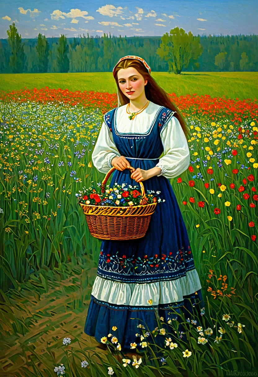 a painting of a woman holding a basket of flowers in a field, slavic folk fairytale, by Vlady Kibalchich Russakov, by Mikhail Lebedev, by Igor Grabar, beautiful maiden, by Franciszek Starowieyski, russian folk fairytale, by Dechko Uzunov, by Andrei Ryabushkin