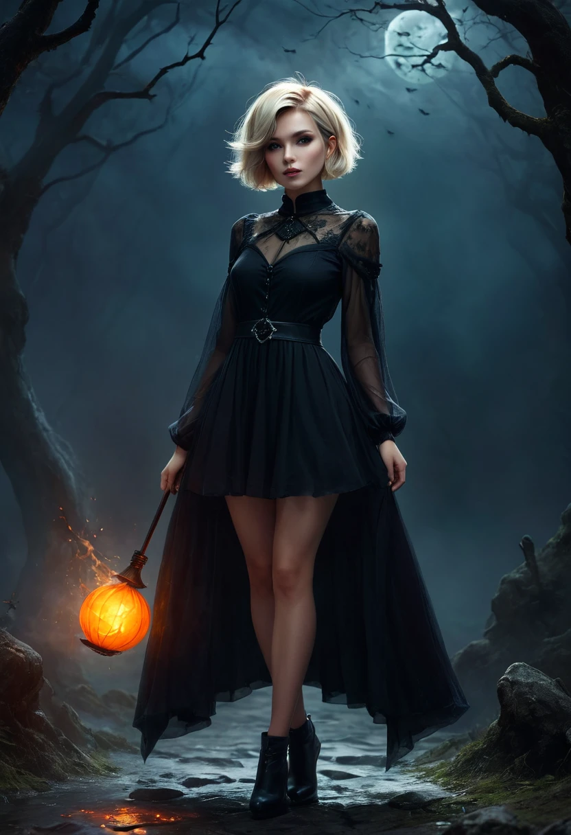 Blonde with short hair, witch, in dark fantasy, full height