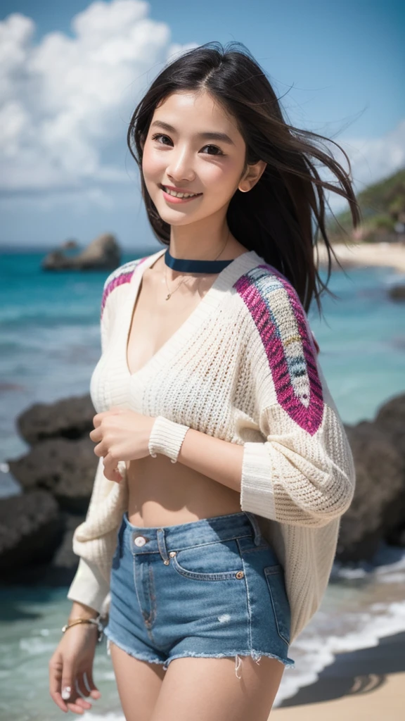 Highest quality, shape, Very detailed, finely, High resolution, 8k wallpaper, Perfect dynamic shape, Beautiful and detailed, Straight hair, Small breasts, Natural color lip, Random sexy poses,The best smile,30 year old adult beauty、Daytime、Beautiful and elaborate face、Perfect and beautiful face,Big eyes、RAW Photos、Expressing feminine poses with the whole body、Beautiful and detailed、Small face、Beautiful Duplex、Slim face and figure,Bright expression,Shooting with a focus on beautiful legs,White summer knitwear、Surf Casual、Summer clothes、Indonesia、bali、coastal、Beach