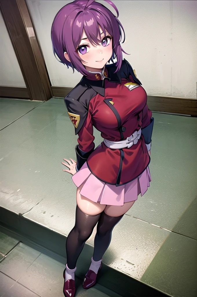 masterpiece,Highest quality,One girl,Mature Woman,Lunamaria Hawke,short hair,Ahoge,Redhead,Purple eyes,Purple Hair,Pink Skirt,uniform,Black knee socks,Long sleeve,smile,Are standing,Put your arms behind your back,I had already finished,universe船内部,sf,universe,From above,Dutch Angle,