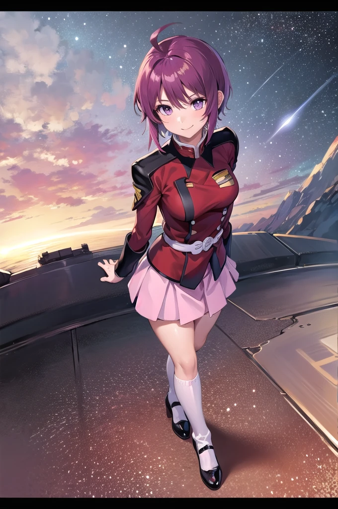 masterpiece,Highest quality,One girl,Mature Woman,Lunamaria Hawke,short hair,Ahoge,Redhead,Purple eyes,Purple Hair,Pink Skirt,uniform,Black knee socks,Long sleeve,smile,Are standing,Put your arms behind your back,I had already finished,universe船内部,sf,universe,From above,Dutch Angle,